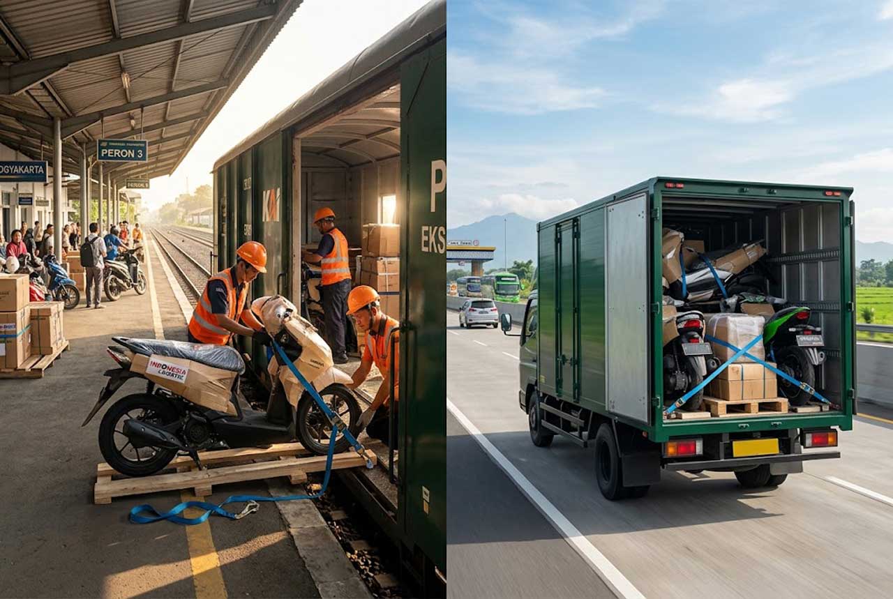 Kirim motor jogja lewat kereta logistik dan truk box kargo darat