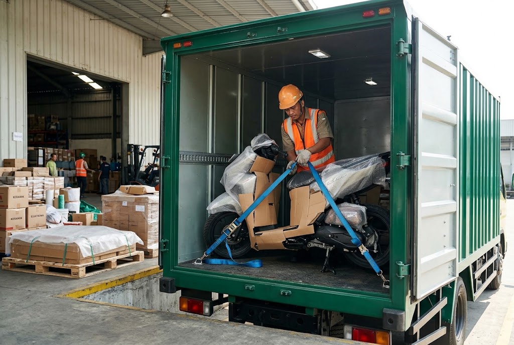 Kirim motor jogja lewat truk CDD box dan fuso wingbox armada kargo darat